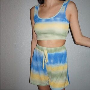 Striped Blue and Yellow Crop Top and Shorts Set